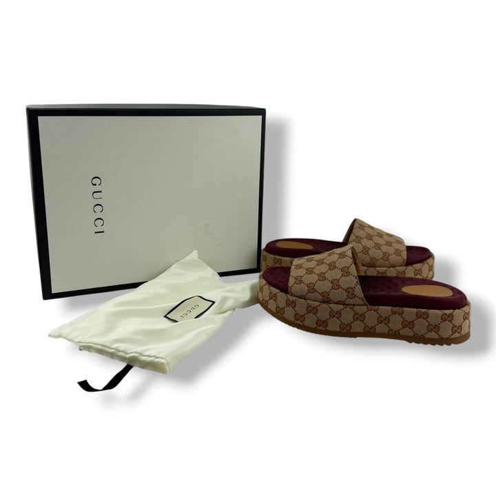 Gucci Beige/Burgundy GG Platform Sandals UK 8 / EU 41