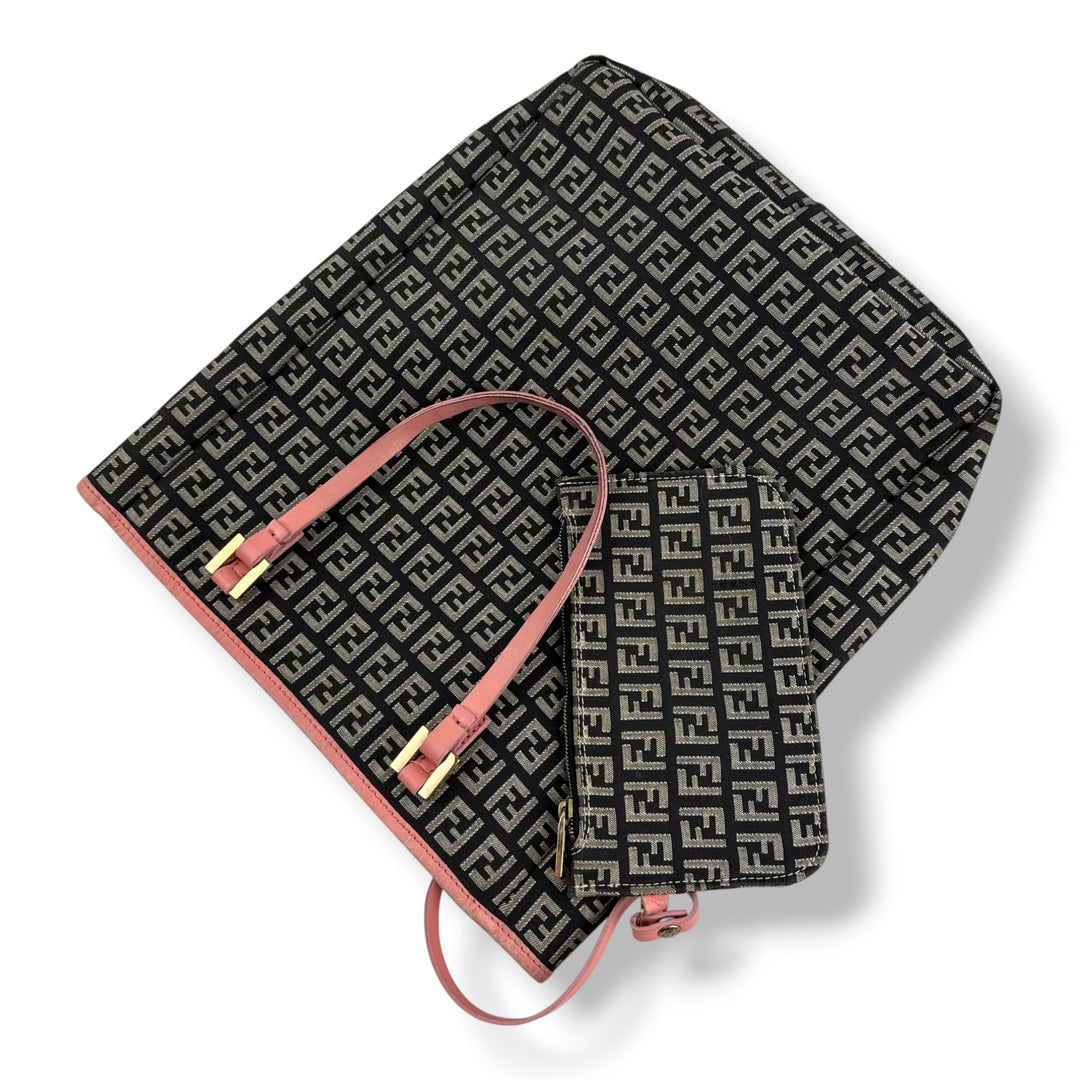 Fendi Zucchino Beige/Pink Monogram Tote Handbag W/ Clutch Bag