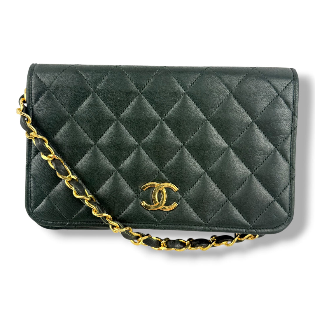 Chanel CC Deep Green Push Lock Single Flap Lambskin Shoulder Handbag