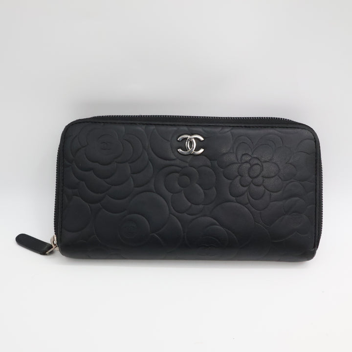 Chanel Black Camelia Zip Around Wallet