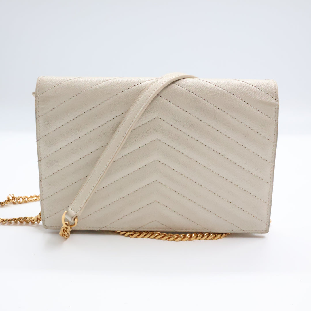 Saint Laurent YSL White Grained Envelope Leather Wallet On Chain Handbag