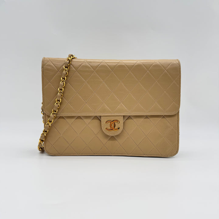 Chanel CC Cream Push Lock Single Flap Quilted Lambskin Shoulder Handbag