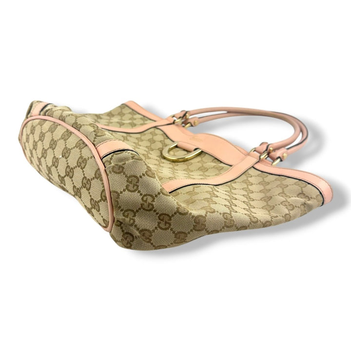 Gucci Abbey GG Beige/Pink Canvas D-Ring Tote Handbag