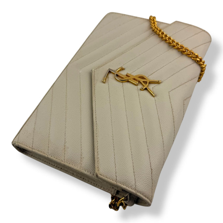Saint Laurent YSL Matelasse White Leather Cassandre Wallet On Chain Handbag