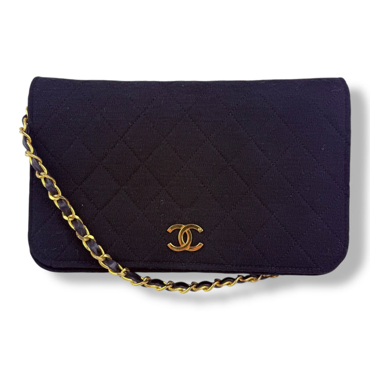 Chanel CC Black Push Lock Single Flap Quilted Cotton Shoulder Handbag