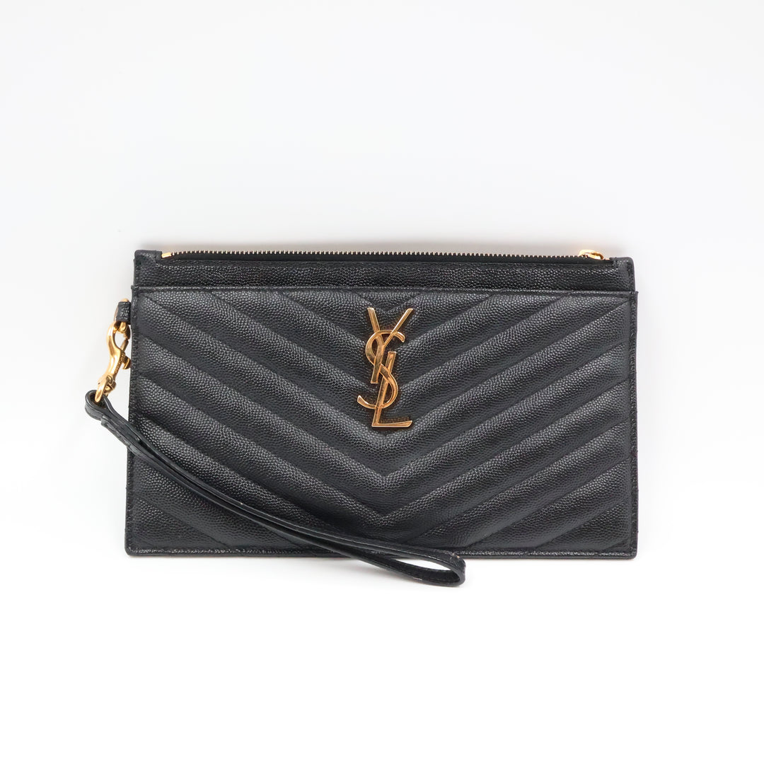 YSL Saint Laurent Cassandre Black Calfskin Leather Pouch Clutch Bag