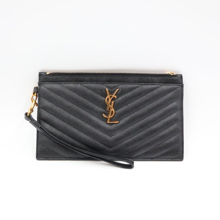 YSL Saint Laurent Cassandre Black Calfskin Leather Pouch Clutch Bag