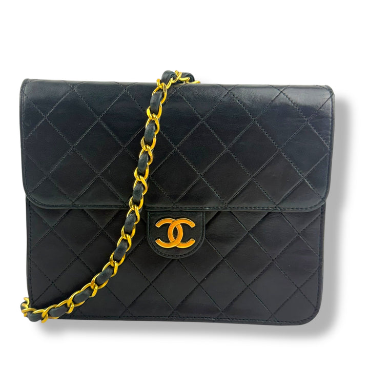 CHANEL CC Logo Matelasse Black Leather Single Flap Chain Shoulder Handbag