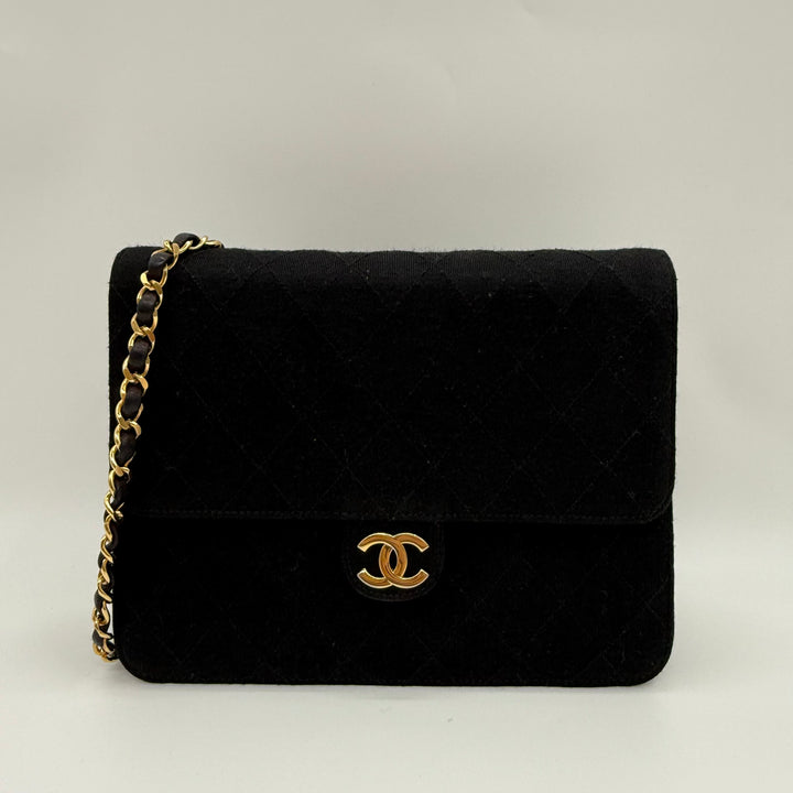 Chanel CC Black Push Lock Single Flap Quilted Cotton Shoulder Handbag