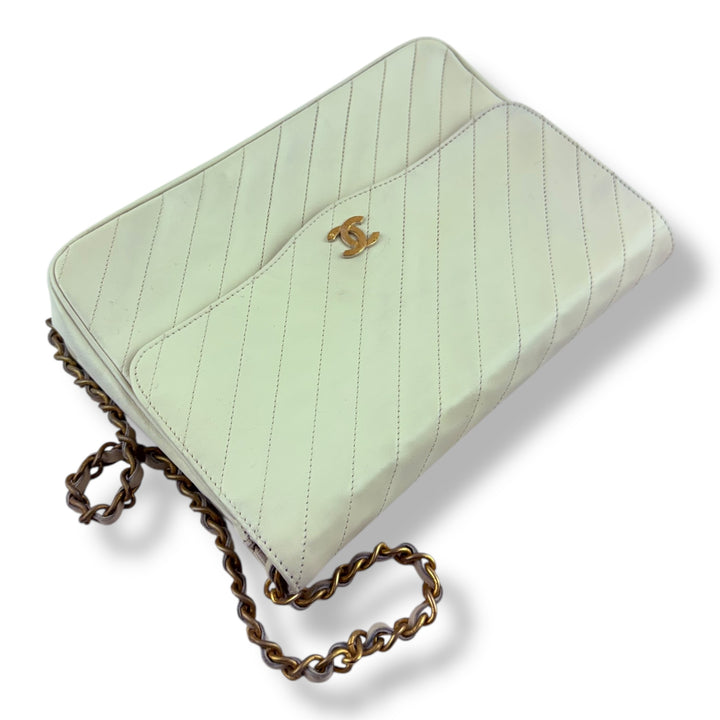 Chanel CC Cream Push Lock Single Flap Vintage Shoulder Handbag