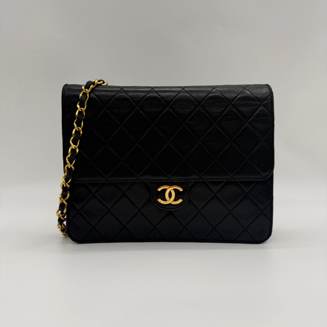 Chanel CC Black Push Lock Single Flap Quilted Lambskin Shoulder Handbag
