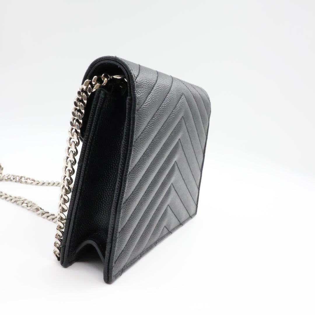 Saint Laurent YSL Black Grained Envelope Leather Wallet On Chain Handbag