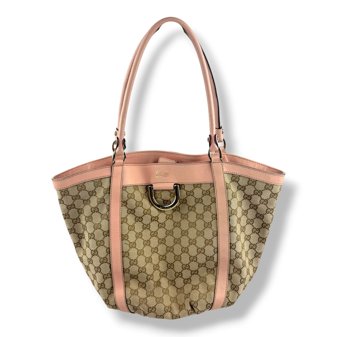 Gucci Abbey GG Beige/Pink Canvas D-Ring Tote Handbag