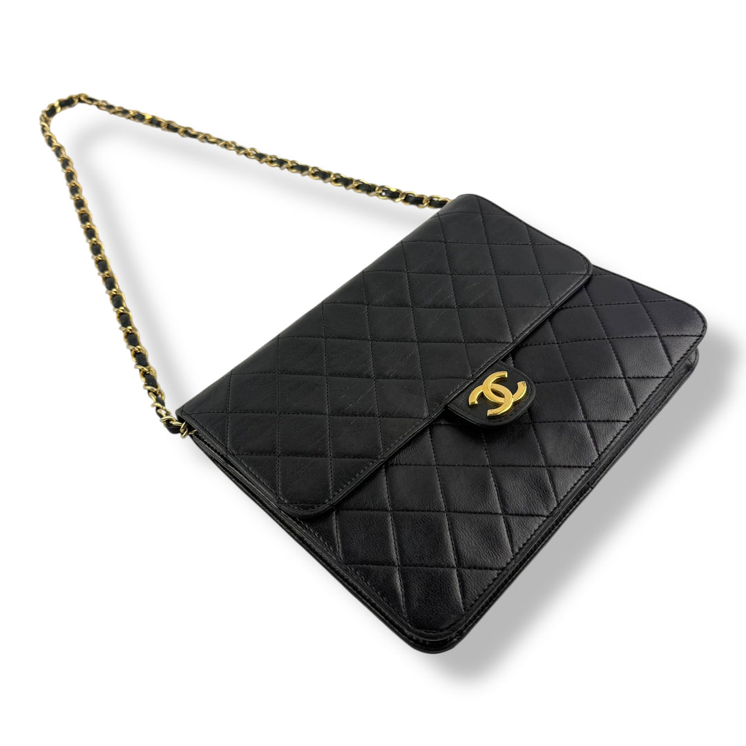 CHANEL CC Logo Matelasse Black Leather Single Flap Chain Shoulder Handbag