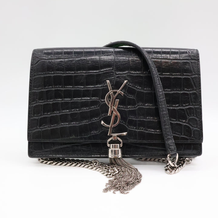 Saint Laurent YSL Black Croc Leather Kate Tassel Wallet On Chain Handbag