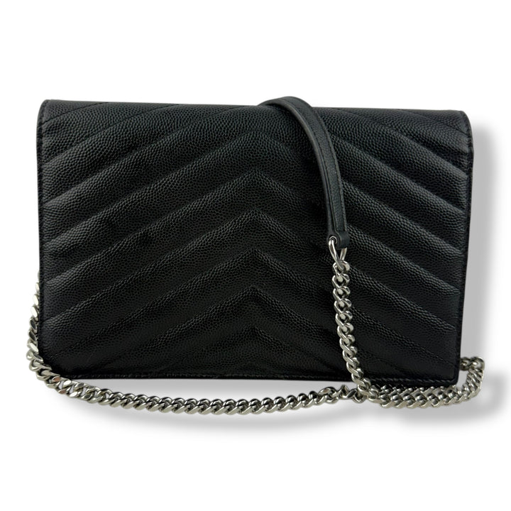 Saint Laurent YSL Black Grained Envelope Leather Wallet On Chain Handbag