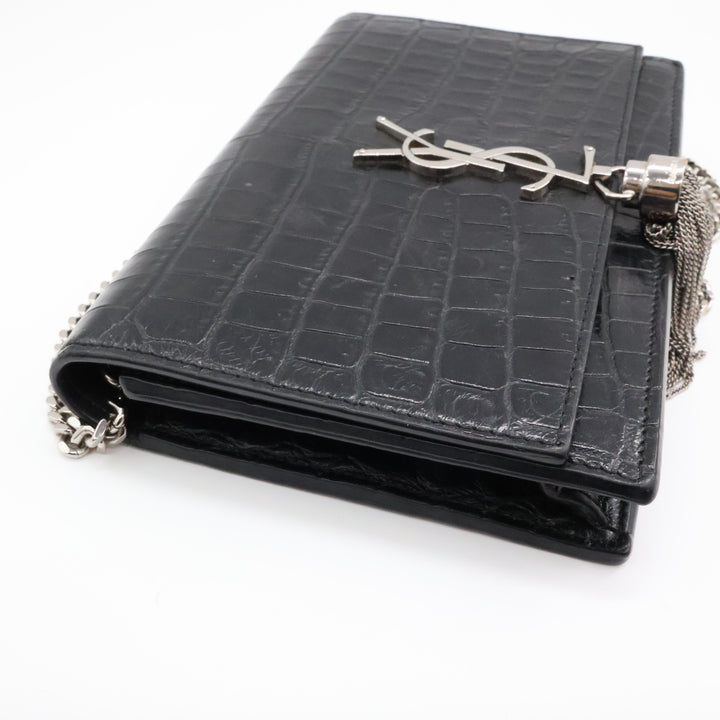 Saint Laurent YSL Black Croc Leather Kate Tassel Wallet On Chain Handbag