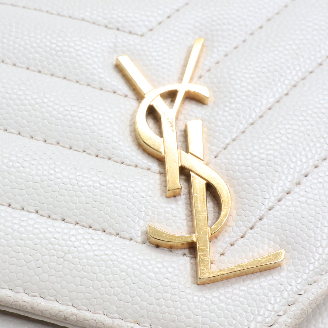 Saint Laurent YSL White Grained Envelope Leather Wallet On Chain Handbag