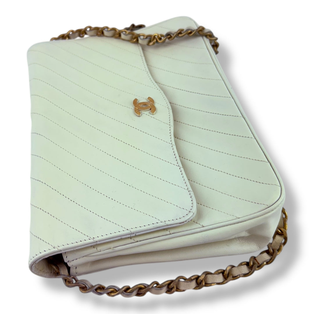 Chanel CC Cream Push Lock Single Flap Vintage Shoulder Handbag