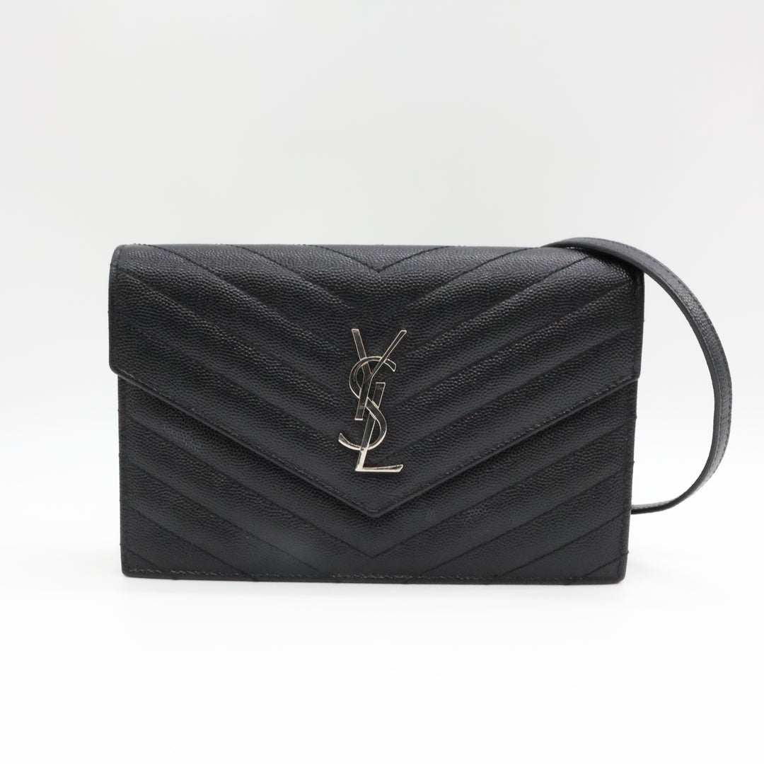 Saint Laurent YSL Black Grained Envelope Leather Wallet On Chain Handbag