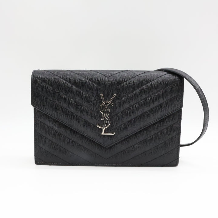 Saint Laurent YSL Black Grained Envelope Leather Wallet On Chain Handbag