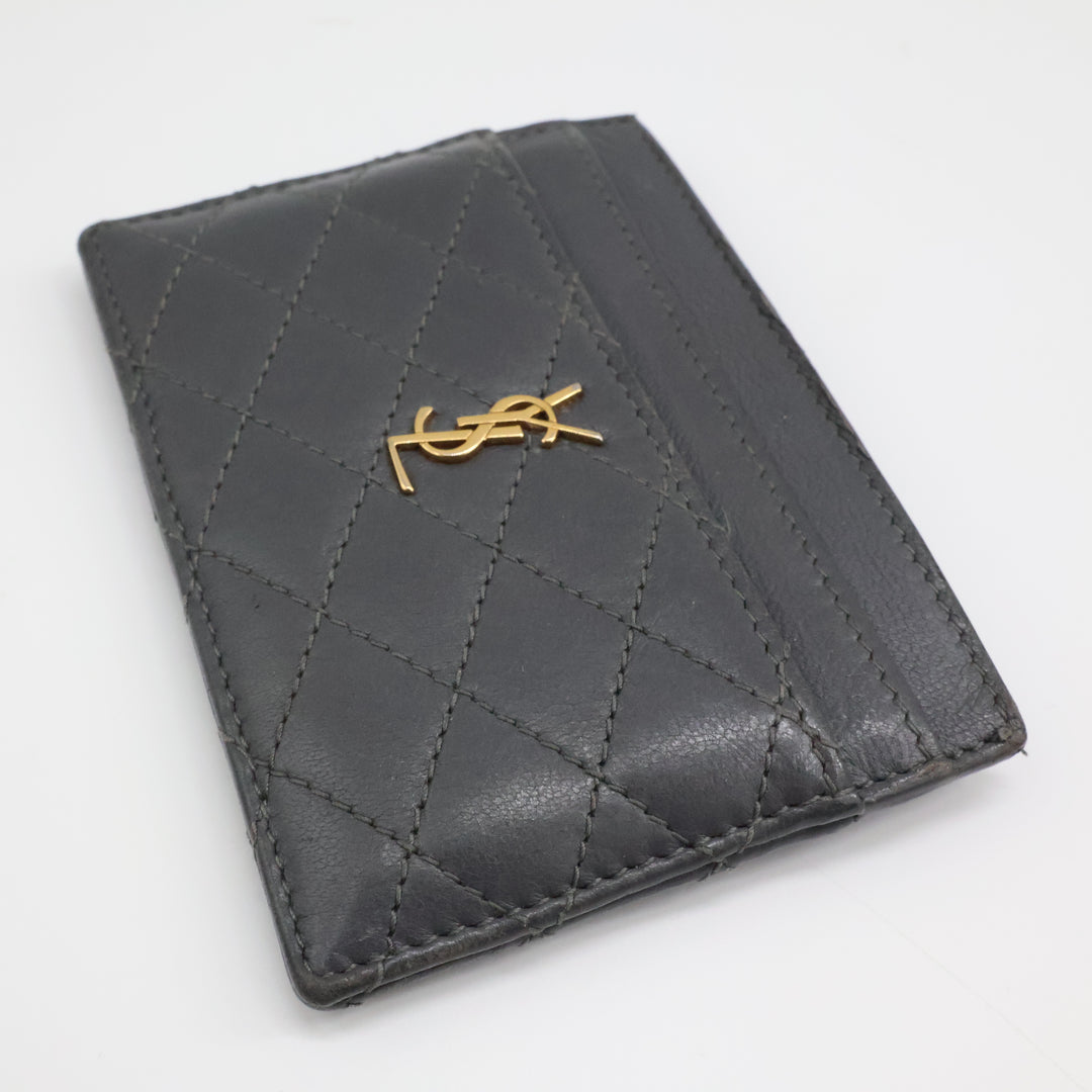 Saint Laurent YSL Cassandre Grey Quilted Leather Cardholder Purse
