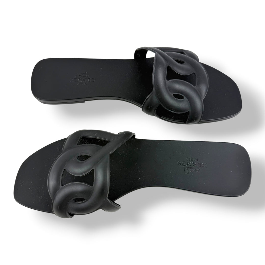 Hermes Aloha Black Flat Slides UK 5 EU 38