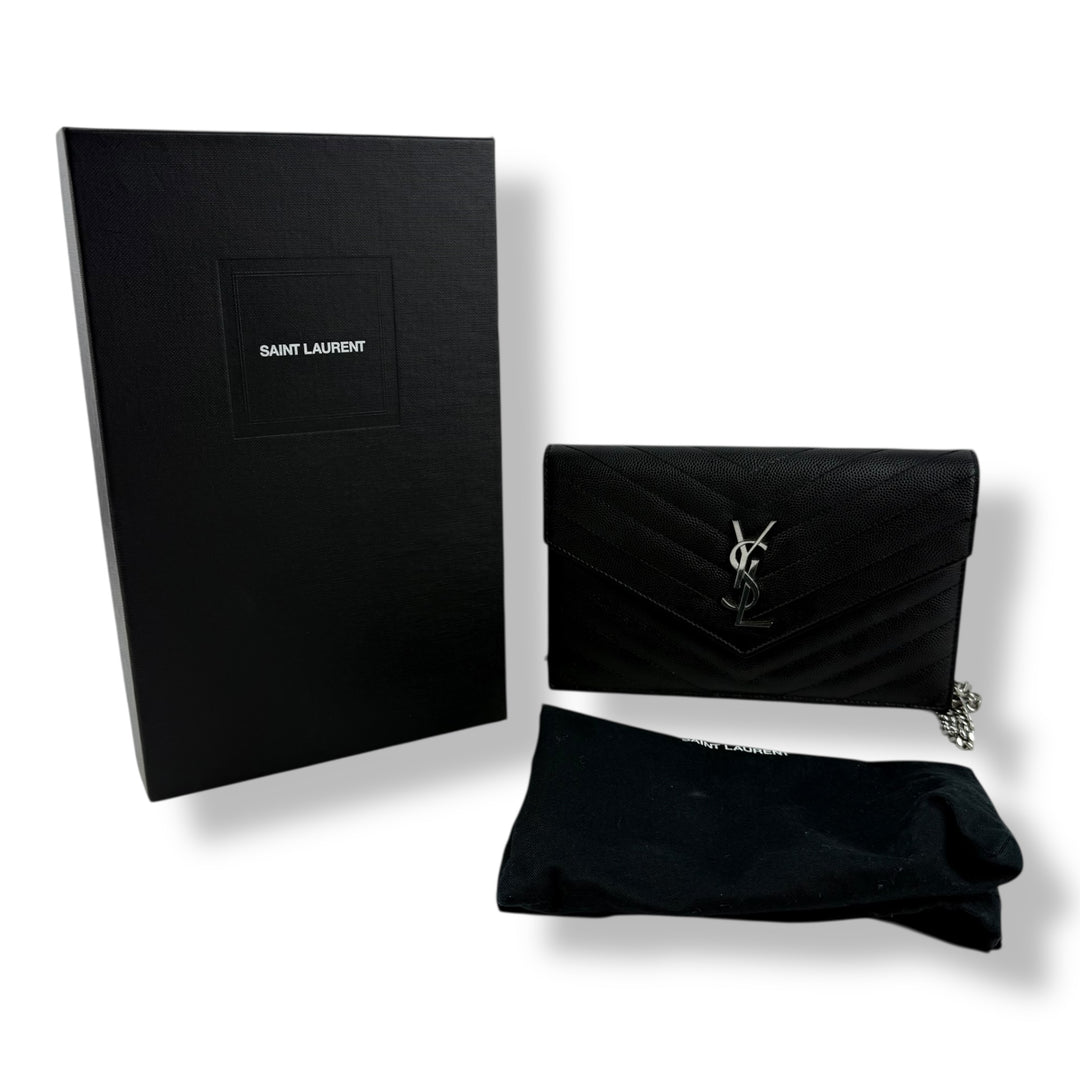 Saint Laurent YSL Black Grained Envelope Leather Wallet On Chain Handbag