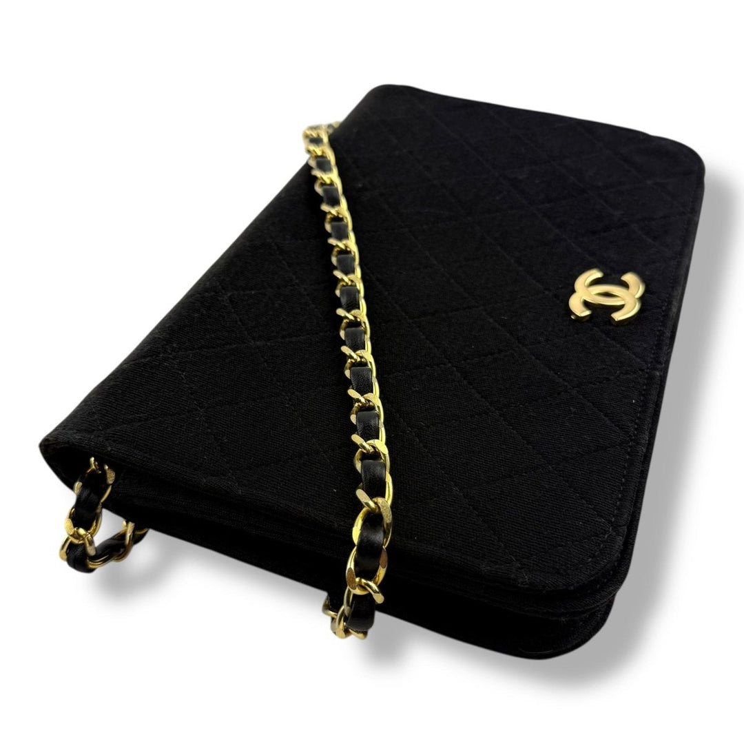 Chanel CC Black Push Lock Single Flap Quilted Cotton Shoulder Handbag