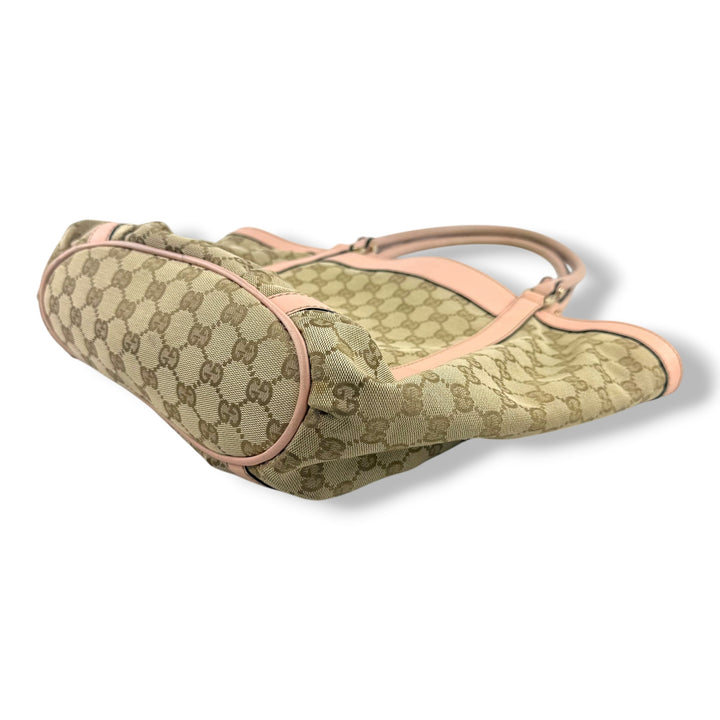 Gucci Abbey GG Beige/Pink Canvas D-Ring Tote Handbag