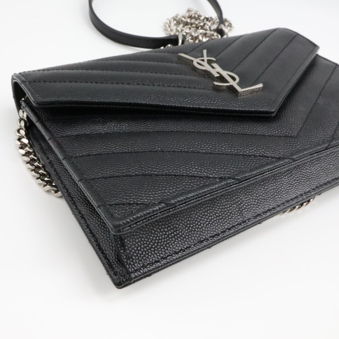 Saint Laurent YSL Black Grained Envelope Leather Wallet On Chain Handbag