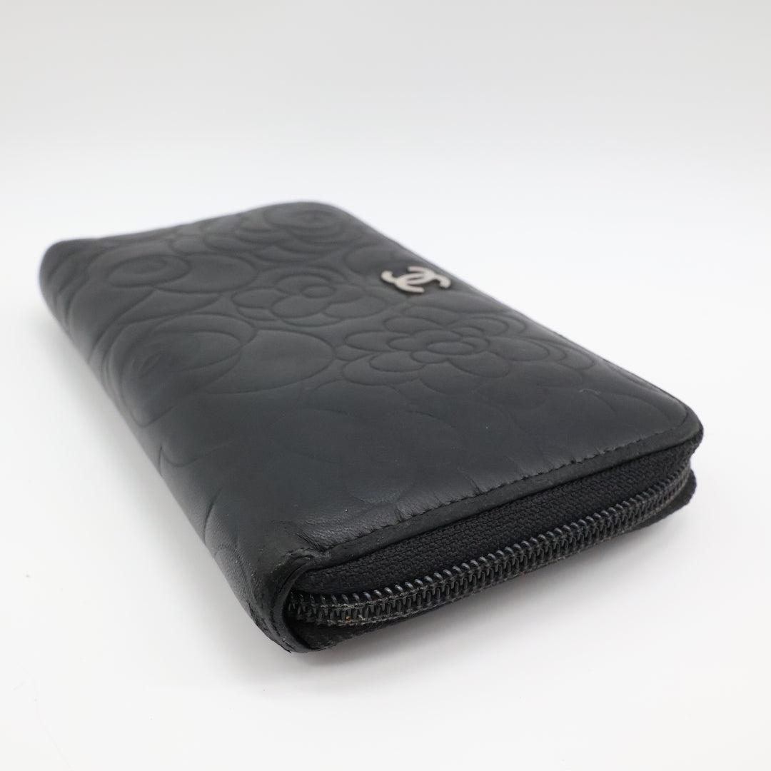 Chanel Black Camelia Zip Around Wallet