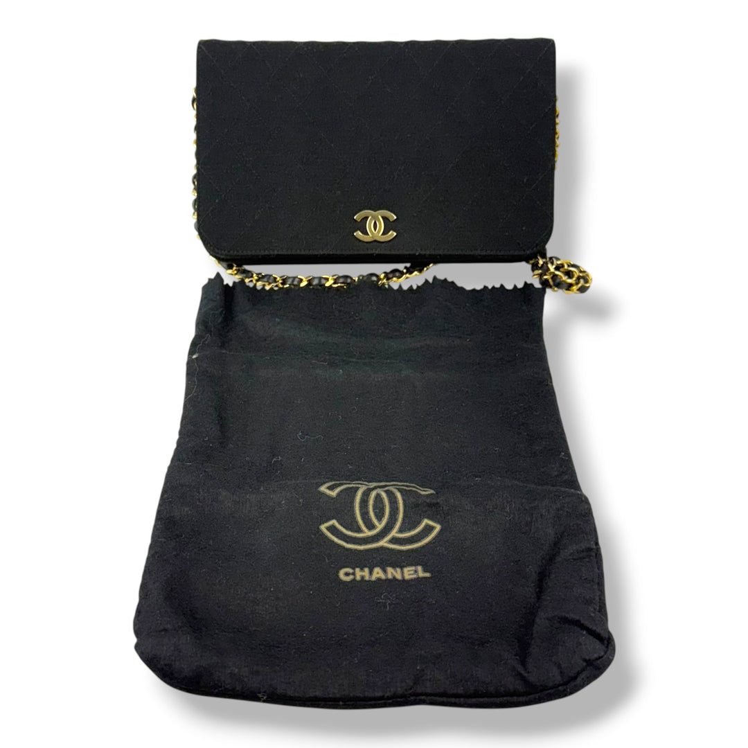 Chanel CC Black Push Lock Single Flap Quilted Cotton Shoulder Handbag