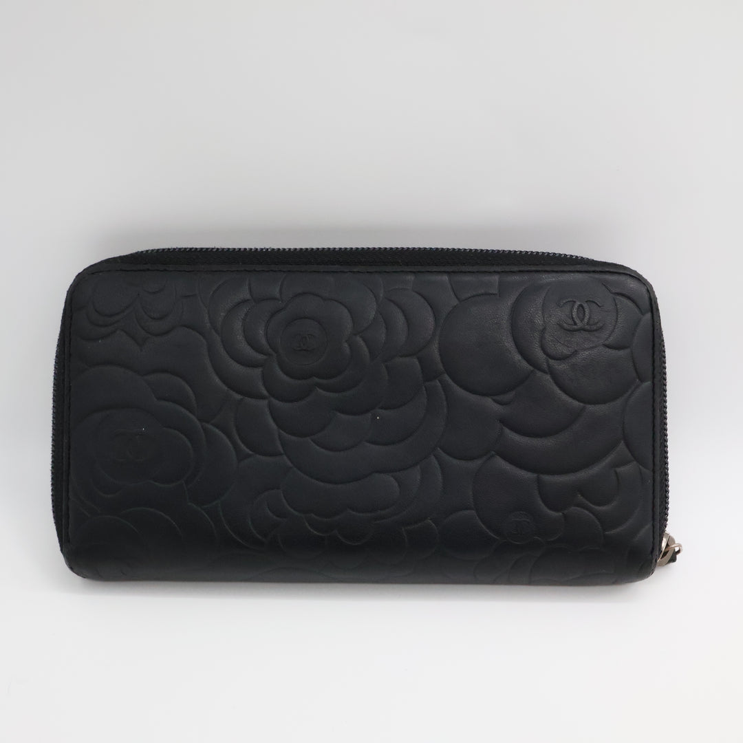 Chanel Black Camelia Zip Around Wallet