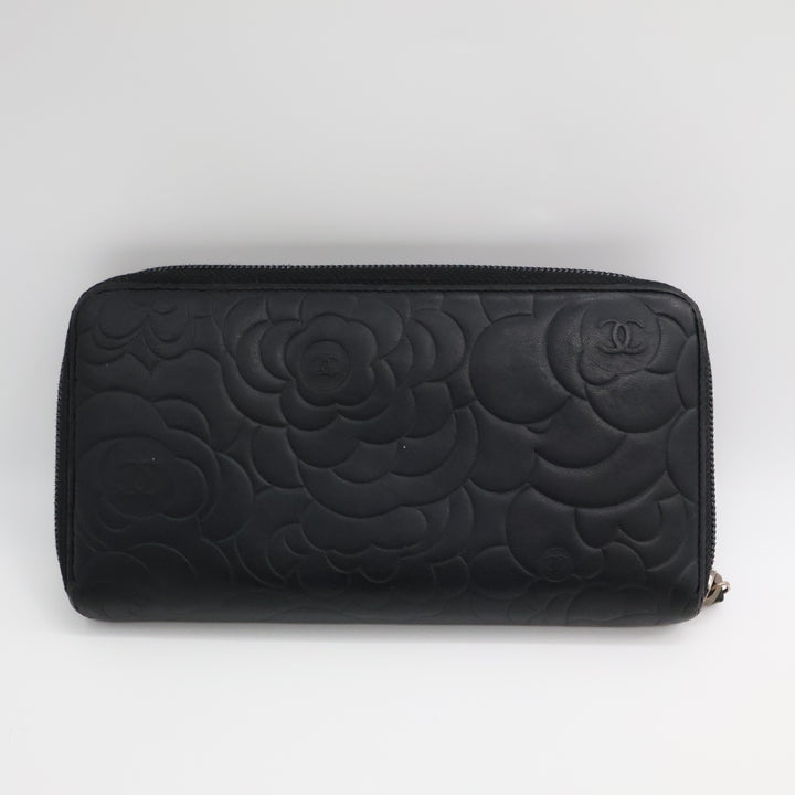 Chanel Black Camelia Zip Around Wallet