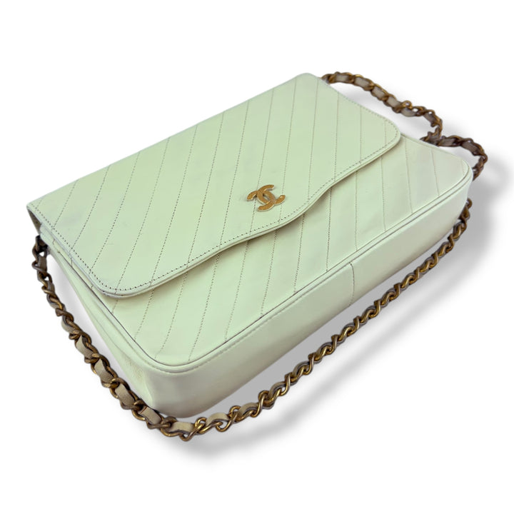 Chanel CC Cream Push Lock Single Flap Vintage Shoulder Handbag