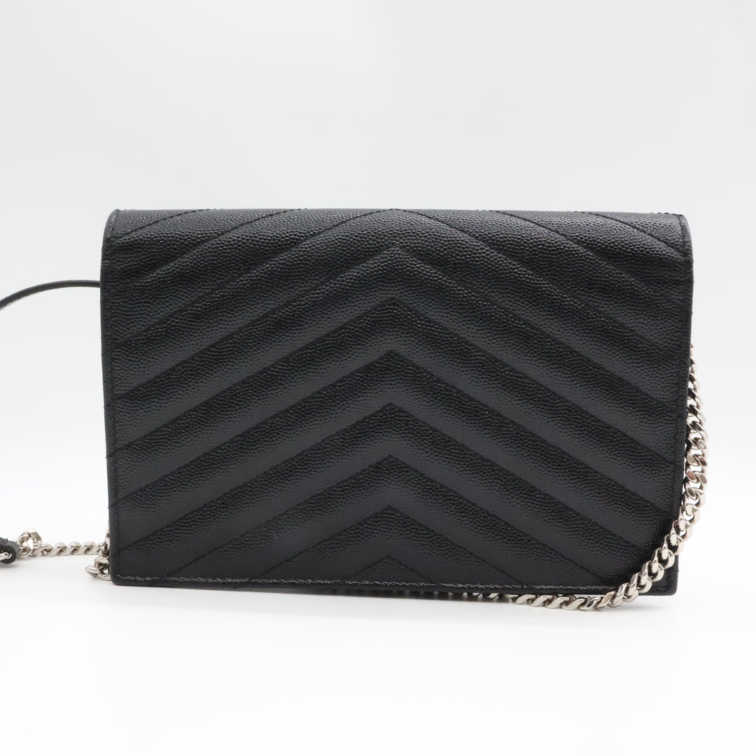 Saint Laurent YSL Black Grained Envelope Leather Wallet On Chain Handbag
