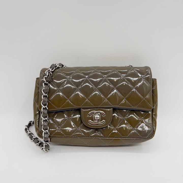 Chanel Mini Classic Flap Patent Leather Khaki Handbag