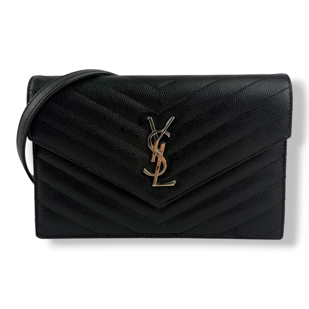 Saint Laurent YSL Black Grained Envelope Leather Wallet On Chain Handbag