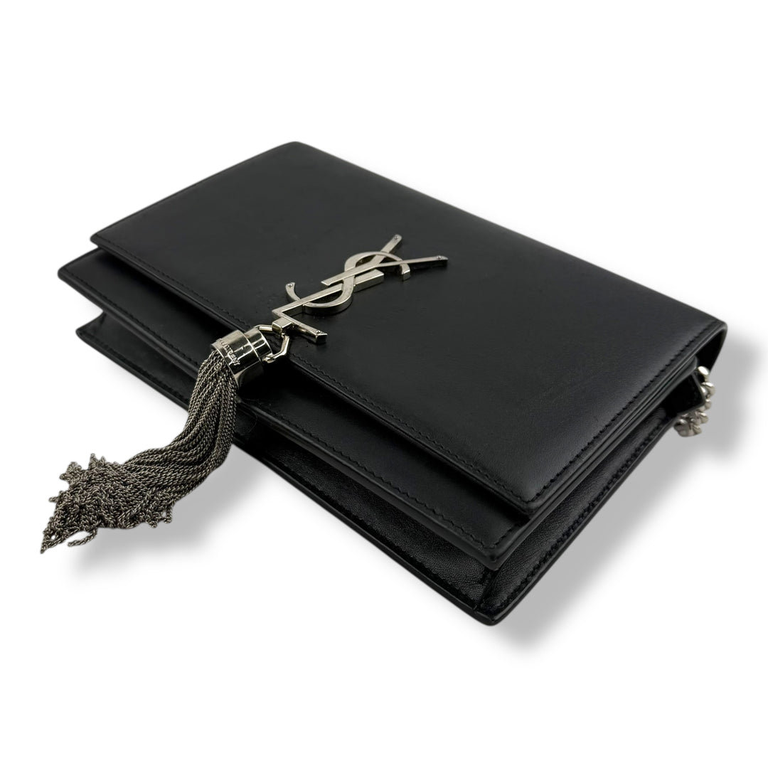 Saint Laurent YSL Black Leather Kate Tassel Wallet On Chain Handbag