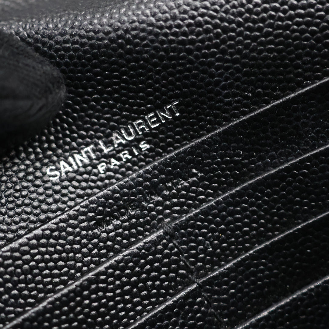 Saint Laurent YSL Black Grained Envelope Leather Wallet On Chain Handbag
