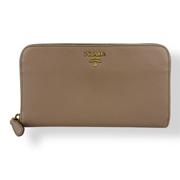 Prada Saffiano Beige Long Zip Around Wallet