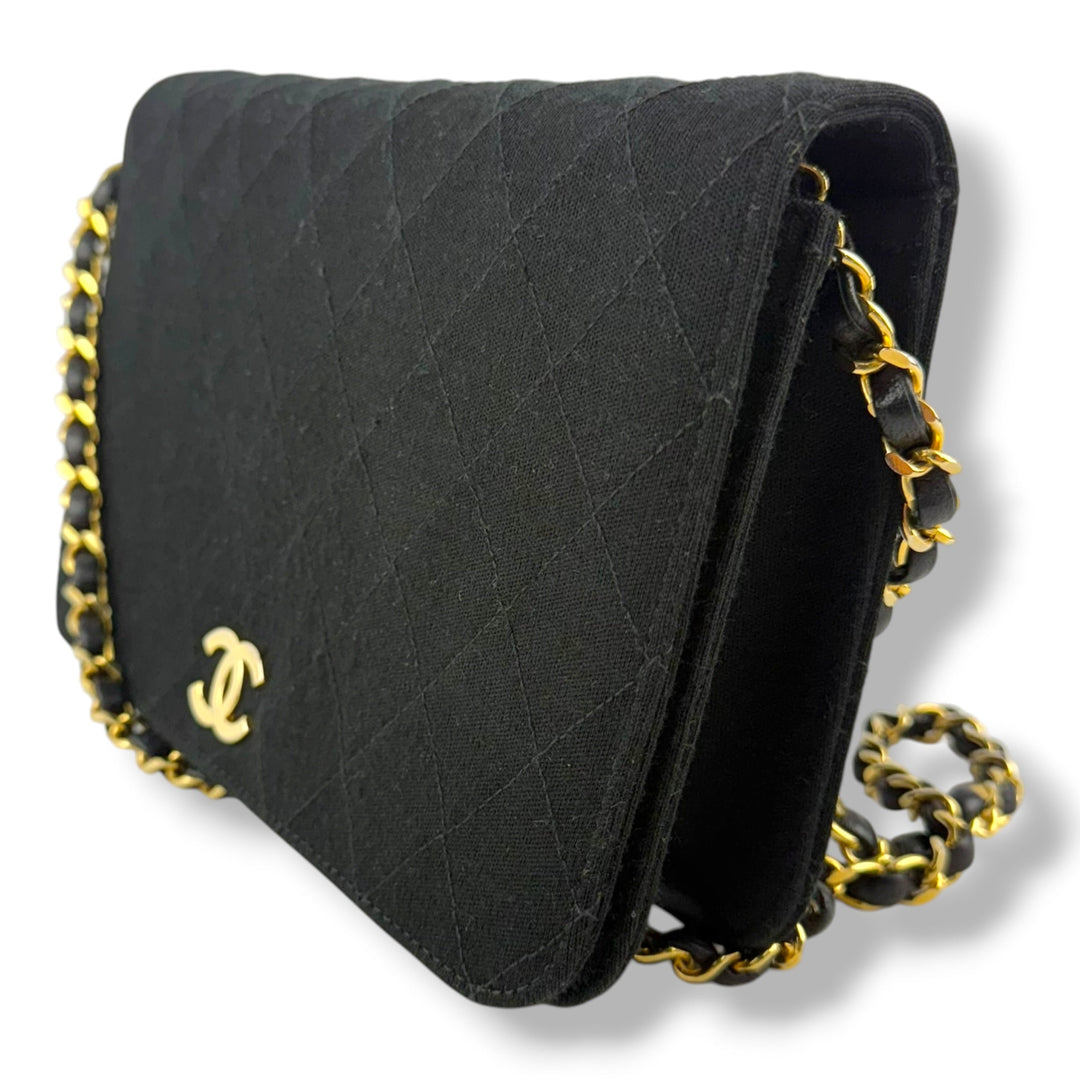 Chanel CC Black Push Lock Single Flap Quilted Cotton Shoulder Handbag