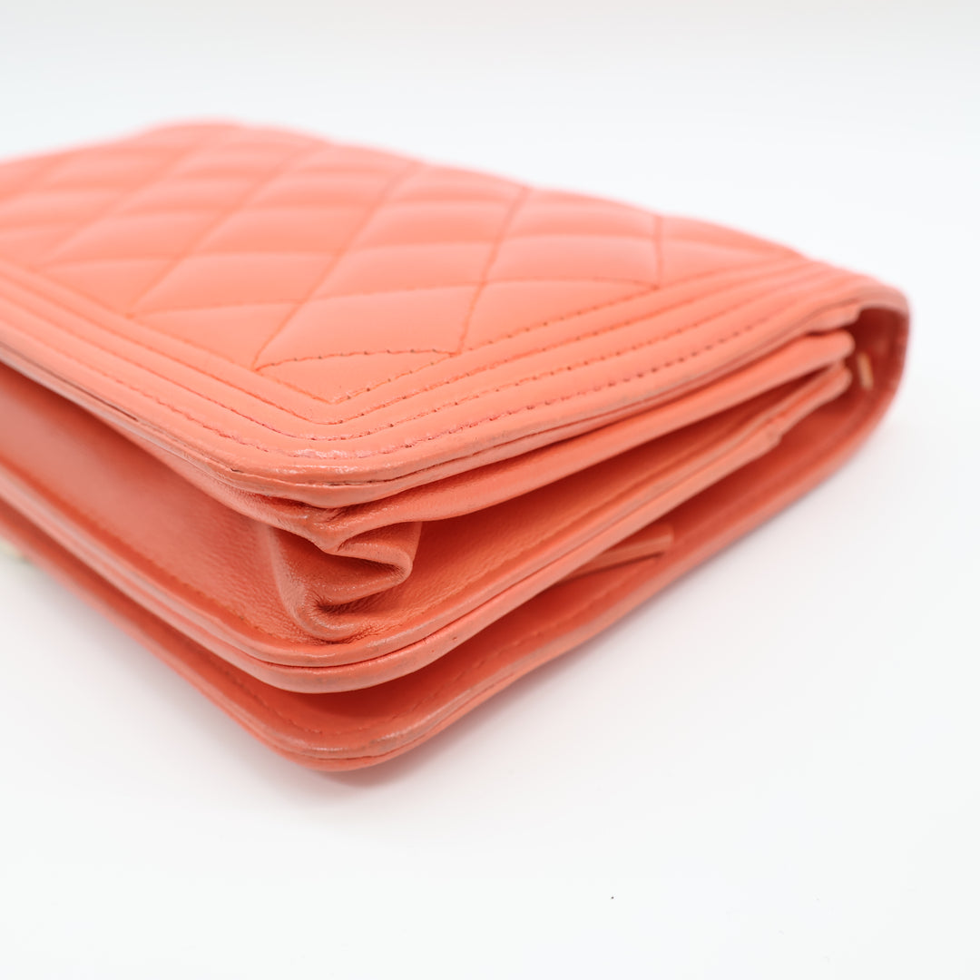Chanel Coral Pink Lambskin Boy WOC Handbag