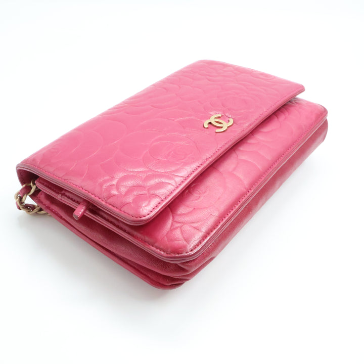 Chanel Lambskin Quilted Camelia Wallet On Chain WOC Fuchsia Handbag