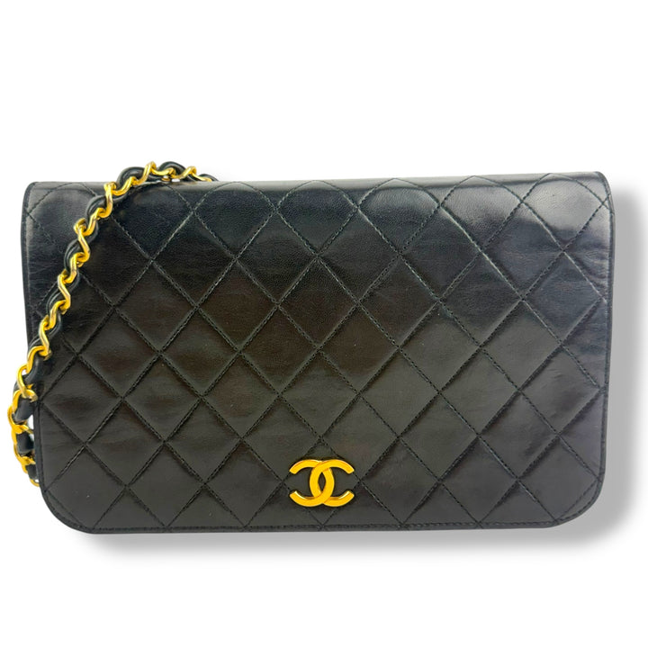 Chanel CC Black Push Lock Single Flap Quilted Lambskin Shoulder Handbag