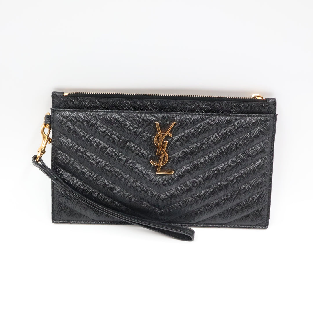 YSL Saint Laurent Cassandre Black Calfskin Leather Pouch Clutch Bag