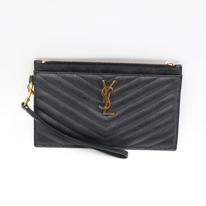YSL Saint Laurent Cassandre Black Calfskin Leather Pouch Clutch Bag