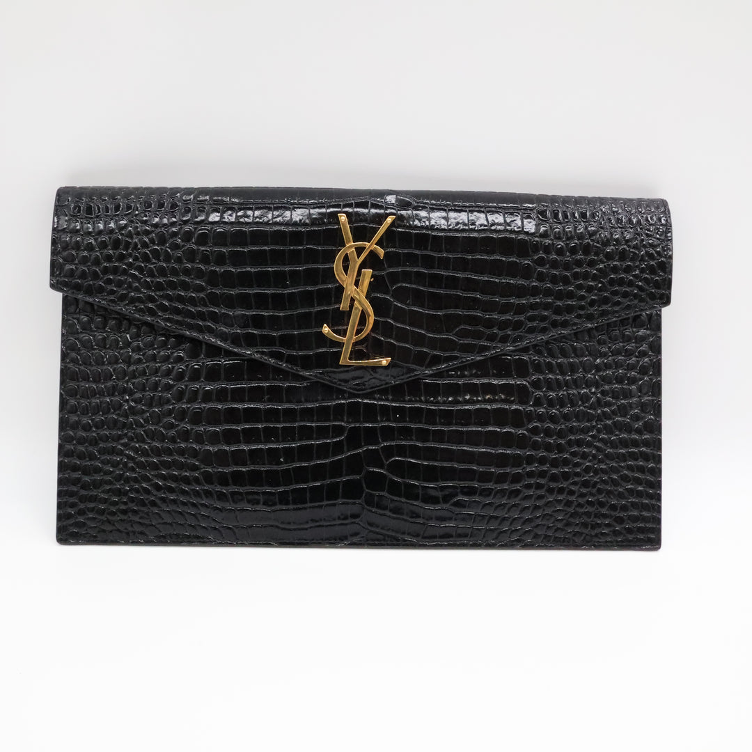 Saint Laurent YSL Croc Uptown Black/Gold Leather Clutch Bag