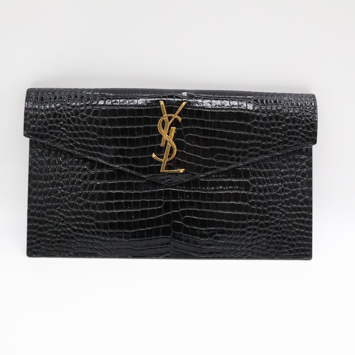 Saint Laurent YSL Croc Uptown Black/Gold Leather Clutch Bag